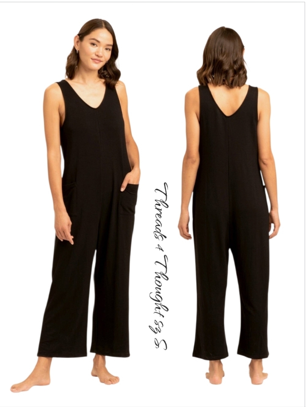 Threads 4 Thought Black Rainey Patch Pocket Jumpsuit Size S Sleeveless V-Neck